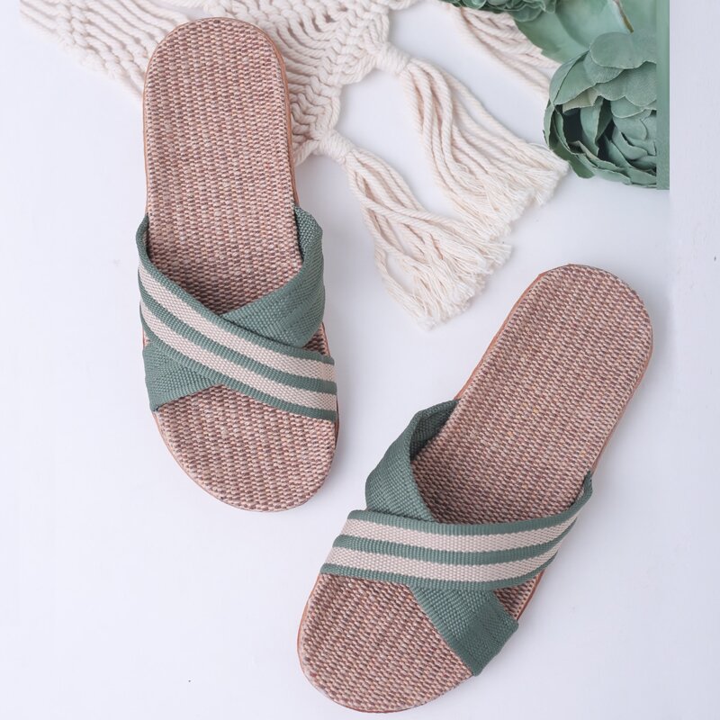 

Striped Cross Strap Sliders, Green