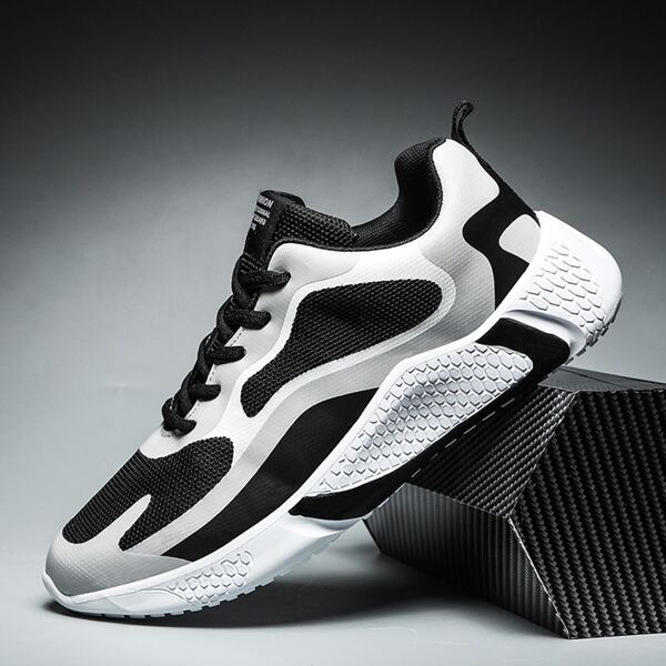 

Men Lace-up Front Mesh Panel Sneakers, Black and white