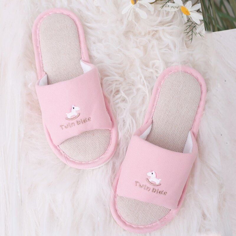 

Open Toe Unicorn Embroidered Slippers, Pink
