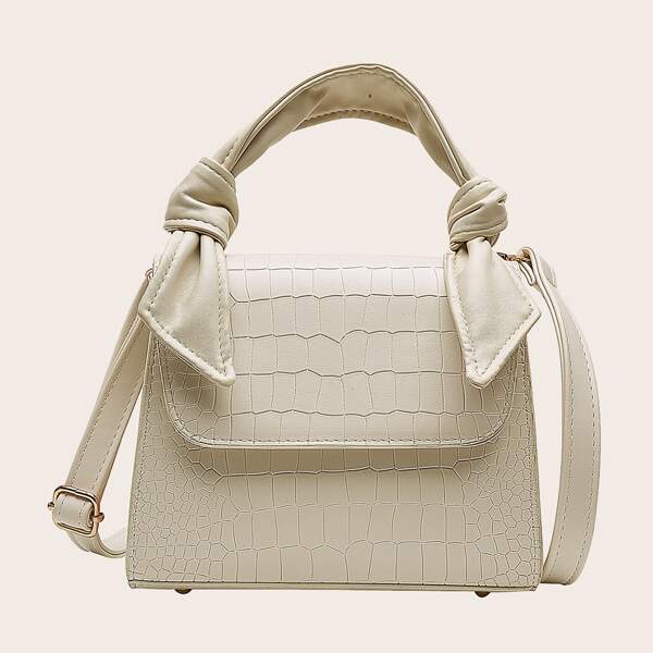 

Croc Embossed Flap Satchel Bag, Beige white