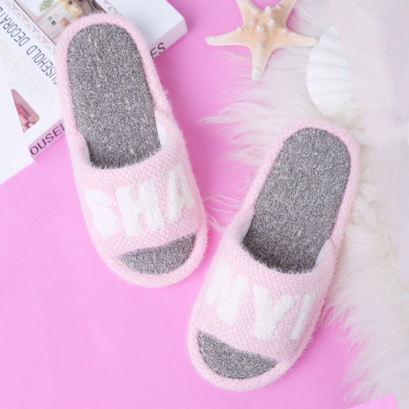 

Letter Graphic Linen Slippers, Pink