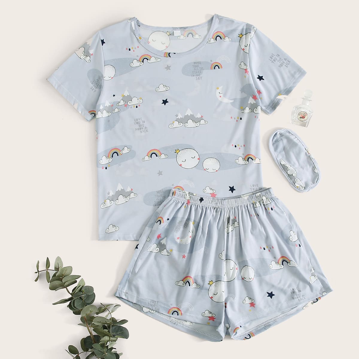 

Cartoon Graphic Eye Cover Pajama Set, Blue