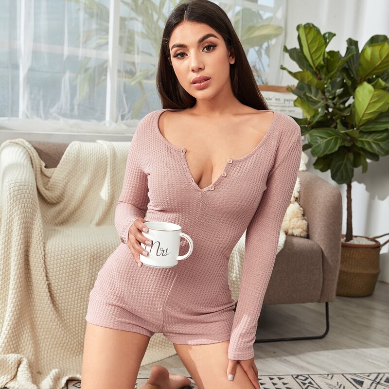 

Solid Waffle Knit Button Front Romper, Pink
