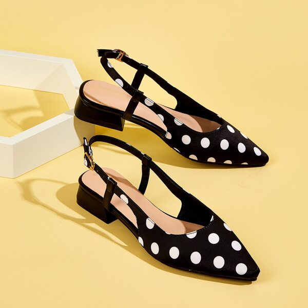 

Point Toe Polka Dot Slingback Block Heels, Black and white