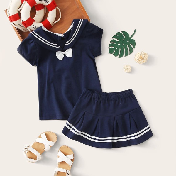 

Toddler Girls Striped Sailor Collar Bow Detail Tee & Skirt, Navy blue