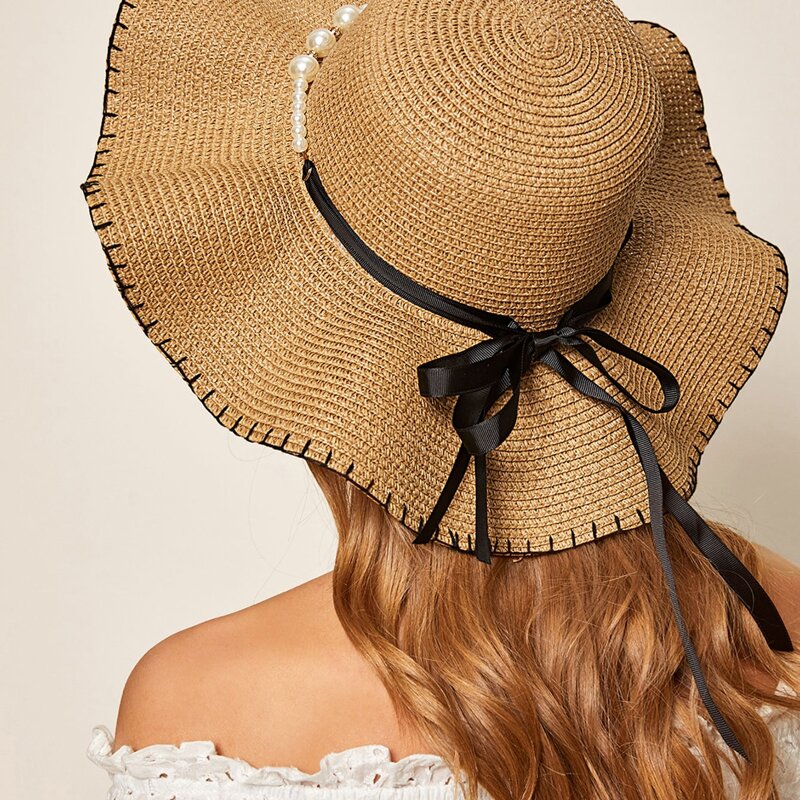 

Faux Pearl Beaded Band Decor Straw Hat, Khaki