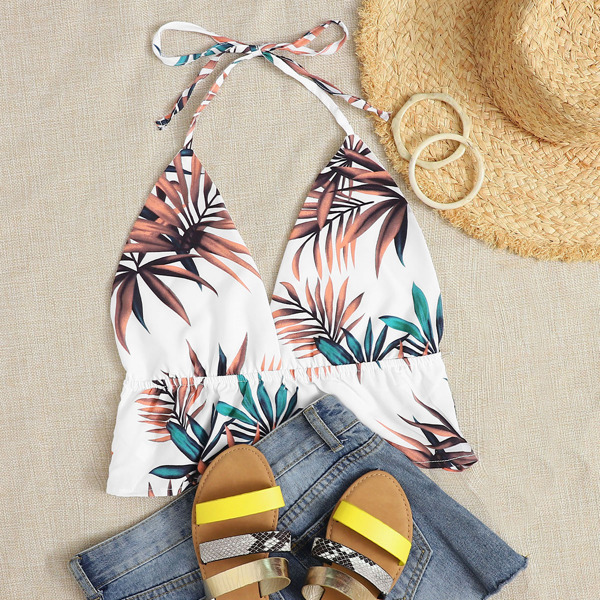 

Plus Tropical Print Backless Chiffon Halter Top, Multicolor