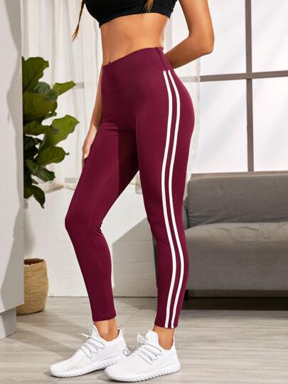 Side Stripe Sports Tights High Stretch Tummy Control Athletic Leggings Yoga Women Pants