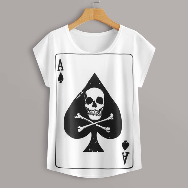 

Skull Graphic Batwing Sleeve Tee, White