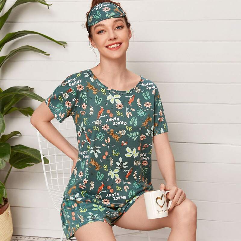 

Floral & Cartoon Graphic PJ Set With Headband, Green