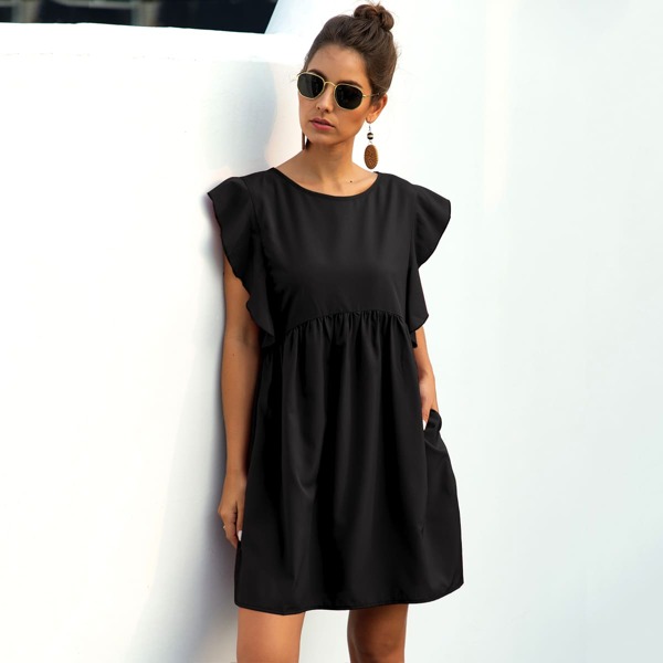 

Ruffle Trim Pocket Smock Dress, Black