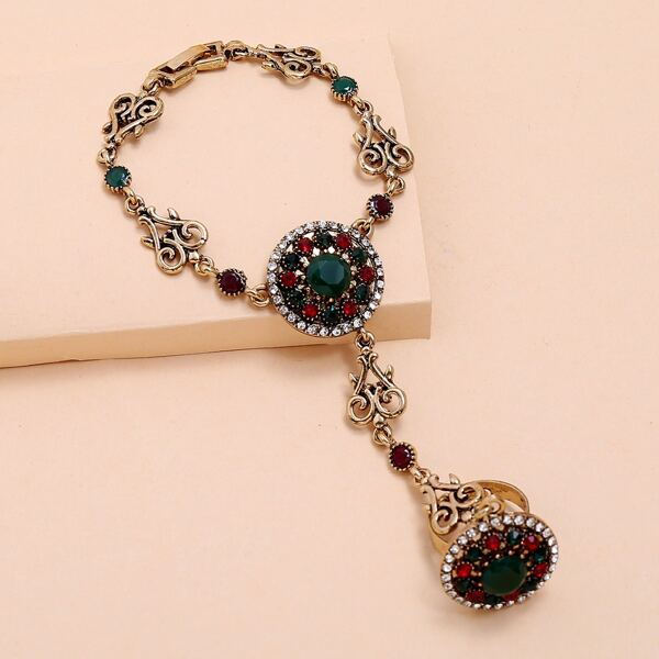 

Браслет с кольцом и стразами, Многоцветный