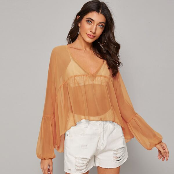

V-neck Lantern Sleeve Flowy Sheer Top Without Bra, Orange