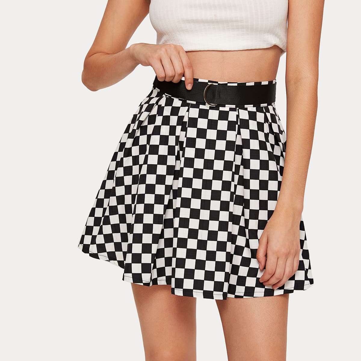 

Checkerboard Skater Skirt With Belt, Black and white