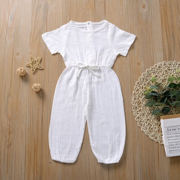 

Toddler Girls Solid Textured Drawstring Jumpsuit, White