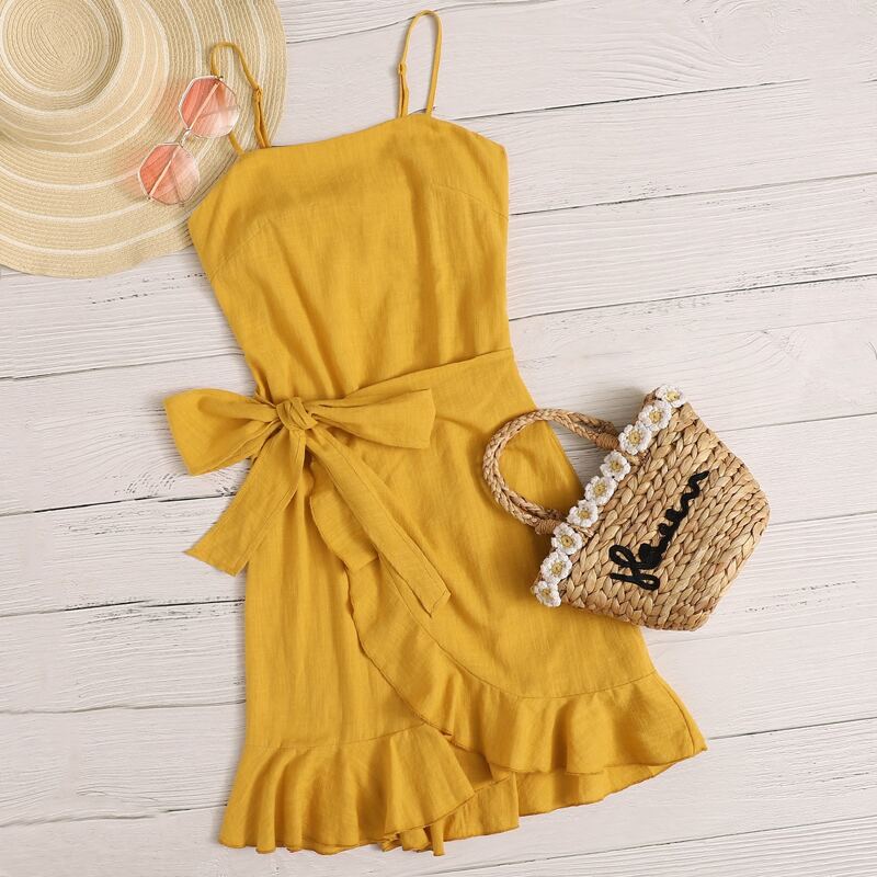 

Cut Out Tie Back Ruffle Trim Wrap Hem Slip Dress, Yellow