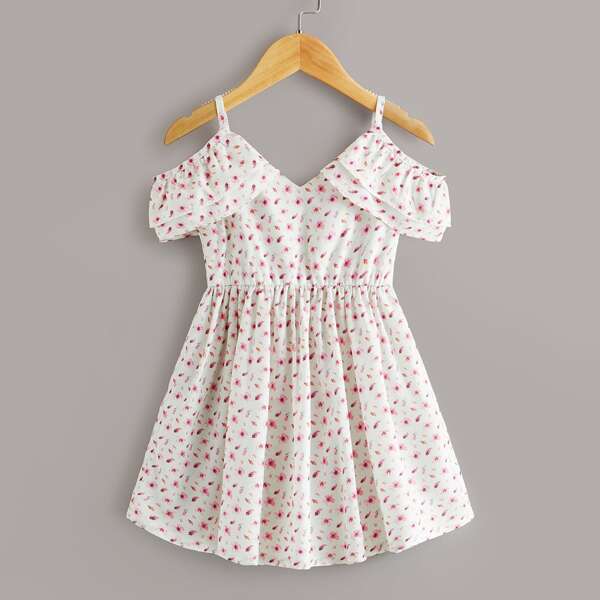 

Toddler Girls Ditsy Floral Cold Shoulder Flowy Dress, White