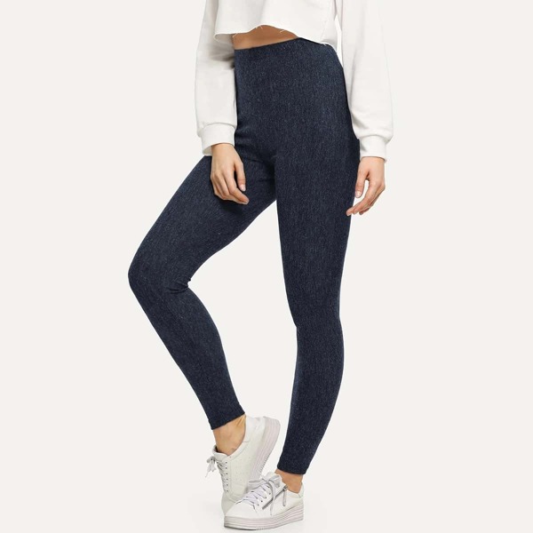 

High Waist Ribbed Skinny Leggings, Blue