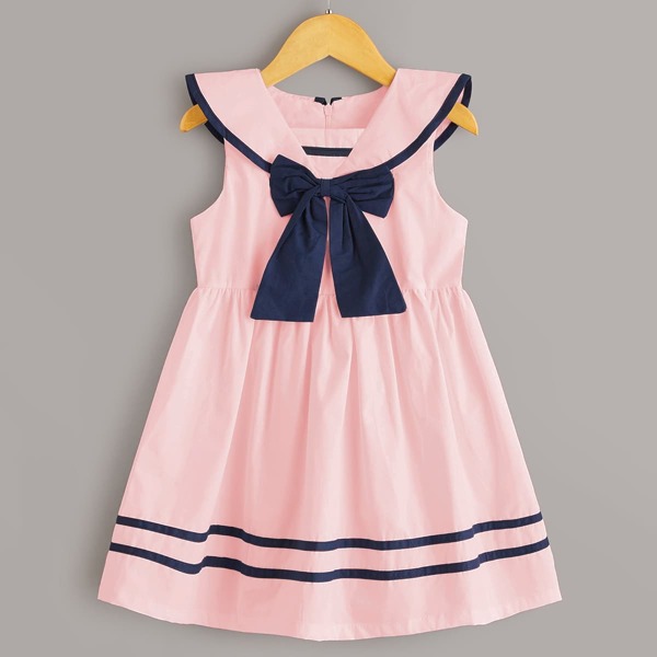 

Toddler Girls Bow Tie Sailor Collar A-Line Dress, Pink