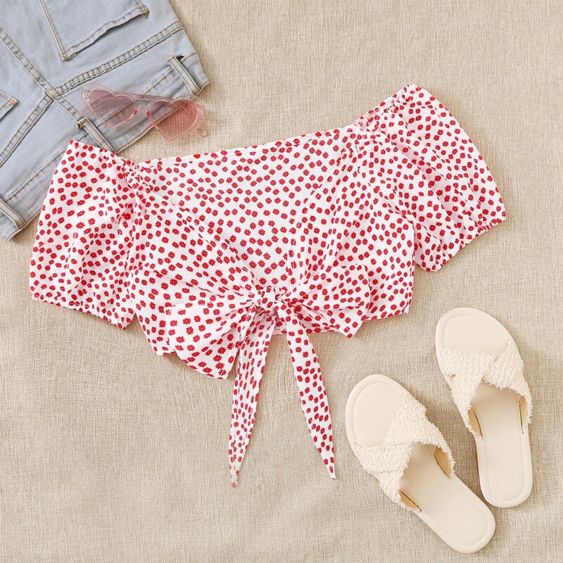 

Ditsy Floral Tie Front Milkmaid Top, Red