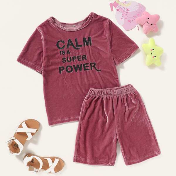 

Girls Slogan Graphic Velvet Tee With Shorts, Pink