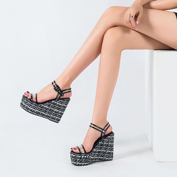 

Clear Band Ankle Strap Wedges, Black and white
