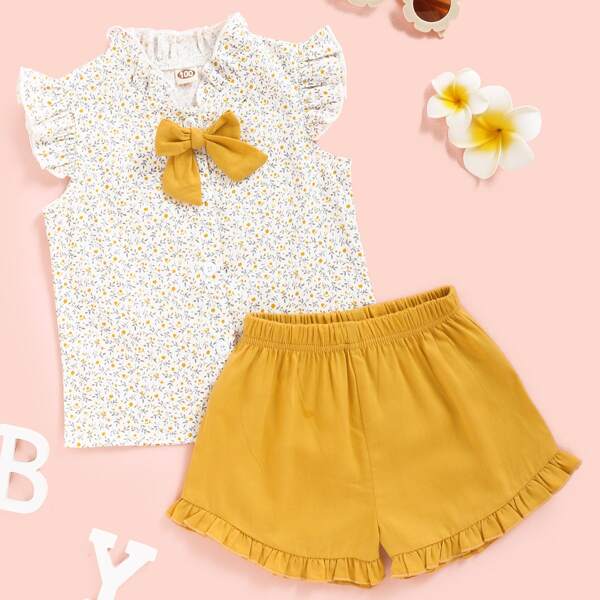 

Toddler Girls Ditsy Floral Bow Front Blouse With Shorts, Multicolor