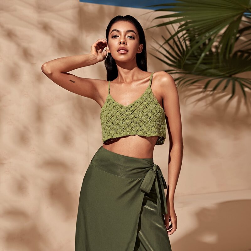 

Crochet Crop Knit Top, Green