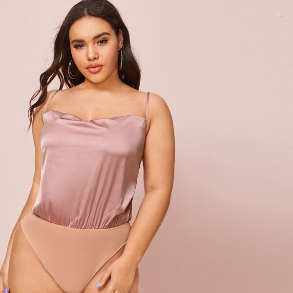 

Plus Cowl Neck Satin Bodice Cami Bodysuit, Pastel pink