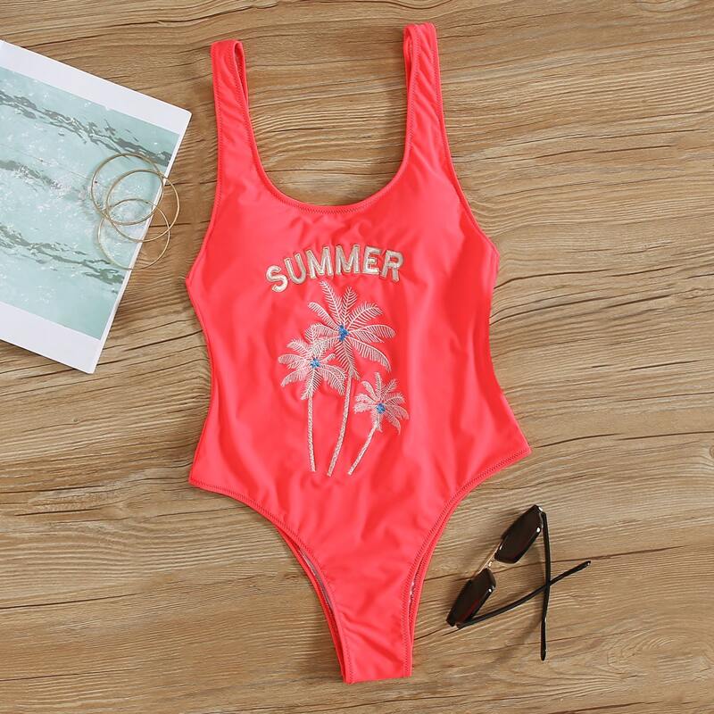 

Letter & Palm Embroidered One Piece Swimwear, Pink bright