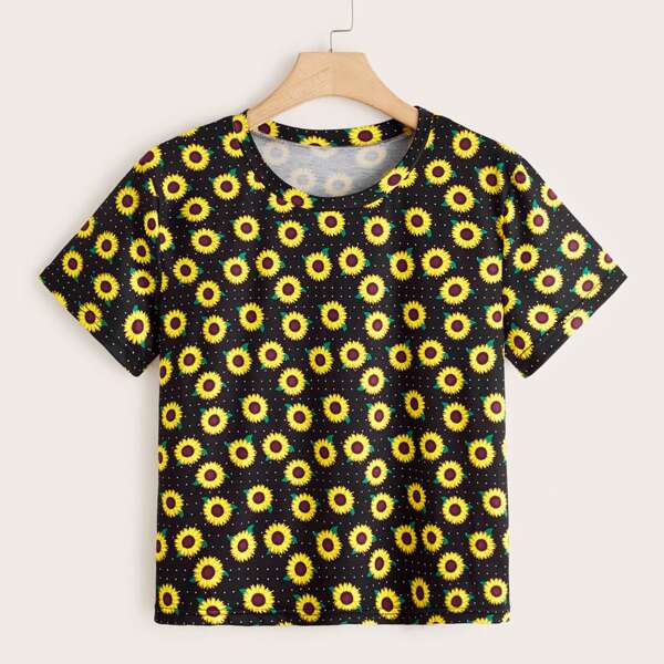 

Plus Sunflower Print Short Sleeve T-shirt, Multicolor