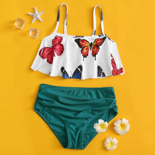

Girls Butterfly Print Flounce Bikini Swimsuit, Multicolor