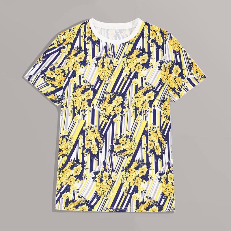 

Guys Floral & Striped Print Tee, Multicolor
