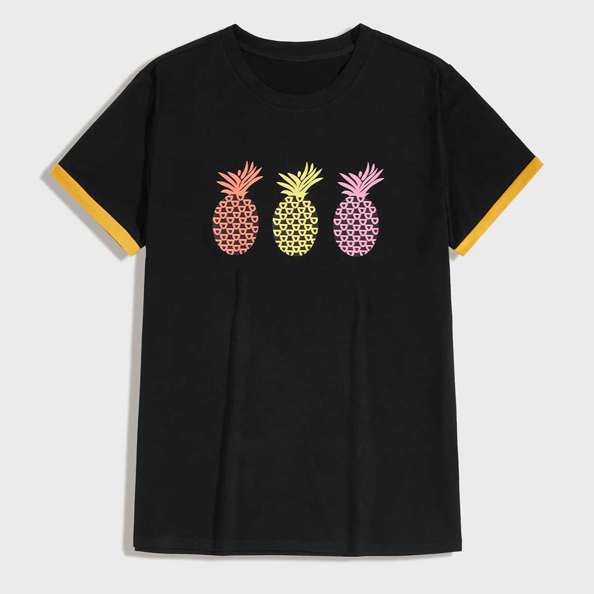 

Guys Pineapple Print Contrast Binding T-shirt, Black