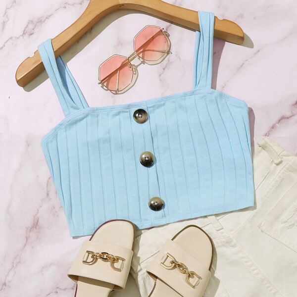 

Button Front Rib-knit Crop Cami Top, Blue pastel