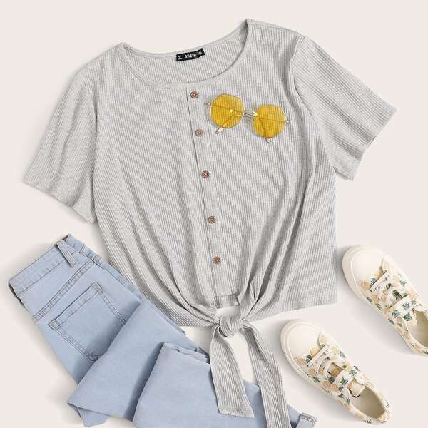 

Plus Tie Hem Button Front Rib-knit Tee, Grey