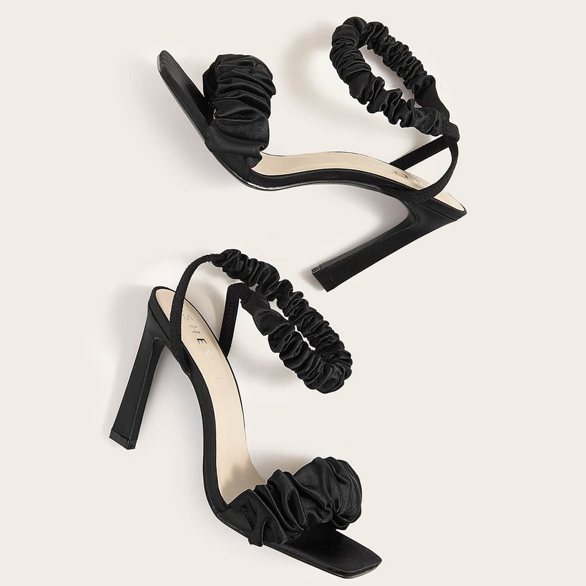 

Two Part Ruffle Ankle Strap Heels, Black