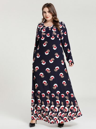 Plus Floral Print Rib-knit Maxi Tee Dress