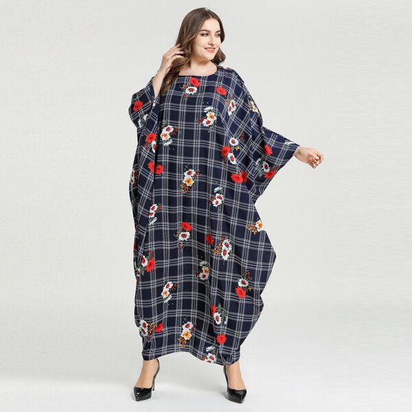 

Plus Plaid & Floral Print Batwing Sleeve Kaftan Dress, Navy