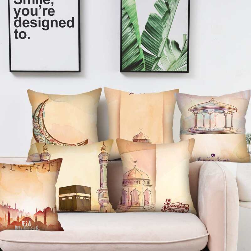 

1pc Castle Print Ramadan Cushion Cover Without Filler, Multicolor
