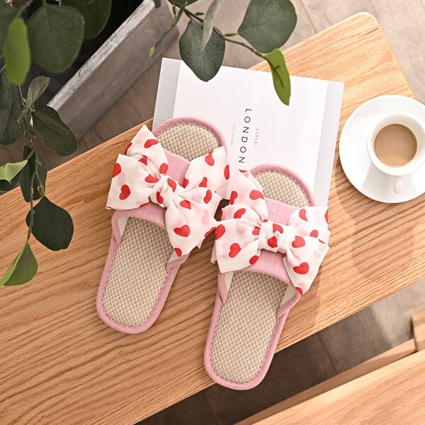 

Heart Print Bow Decor Slippers, Pink