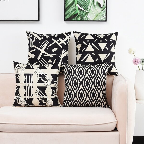 

1pc Geometric Pattern Cushion Cover Without Filler, Black and white
