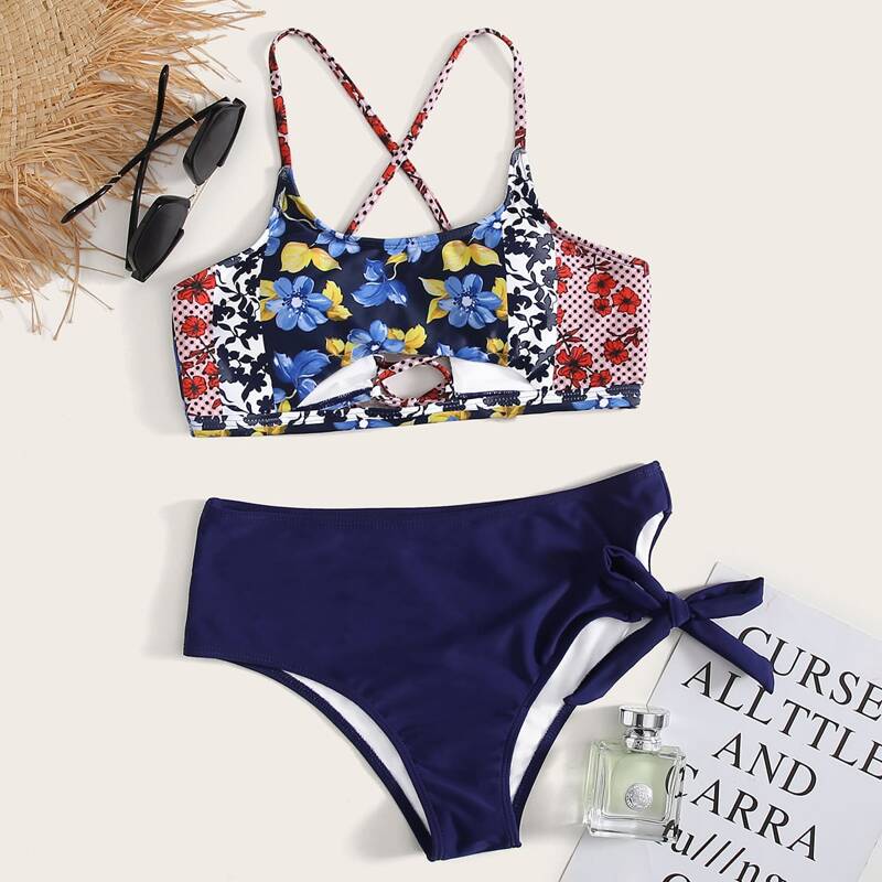 

Floral Cut-out Tie Side Bikini Swimsuit, Multicolor