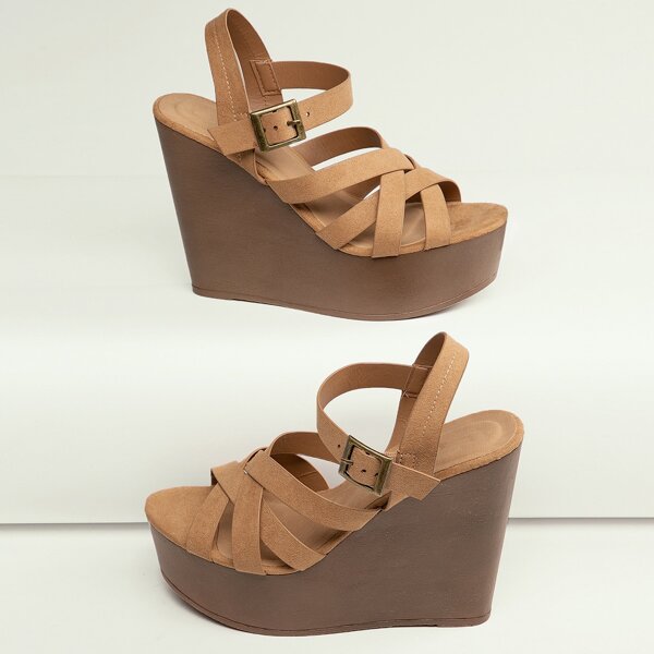 

Open Toe Multi Strap Platform Wedge Sandals, Camel