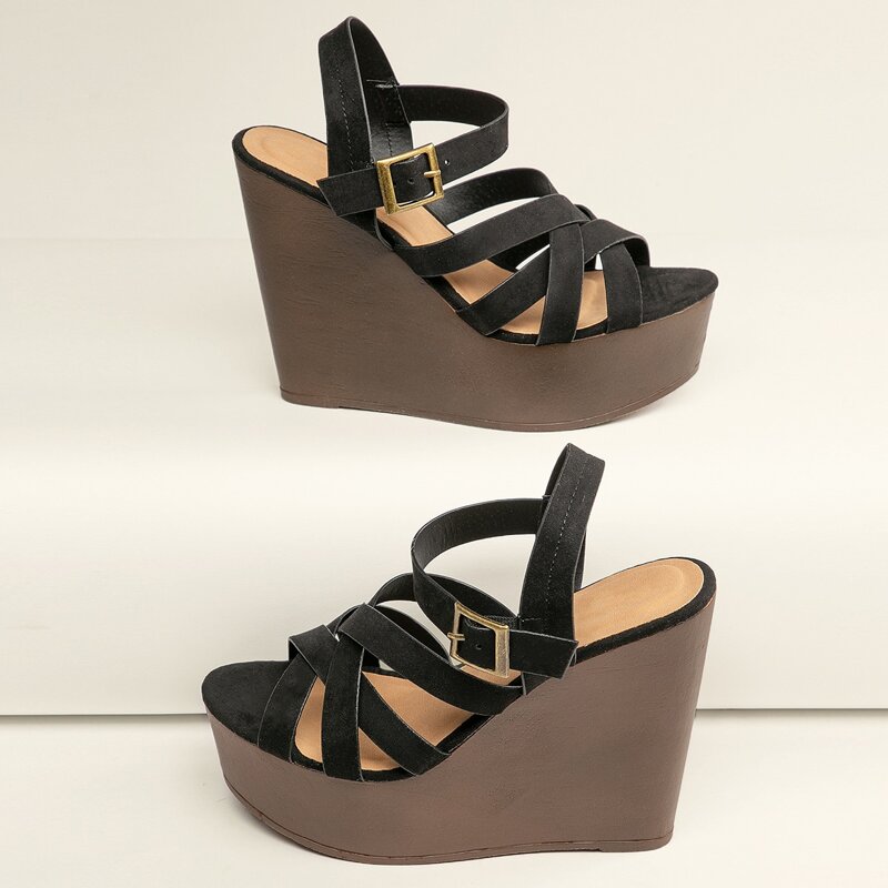 

Open Toe Strappy Platform Wedges, Black