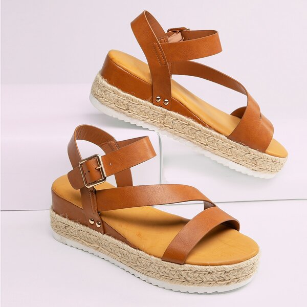 

Asymmetric Strappy Open Toe Espadrille Sandals, Brown