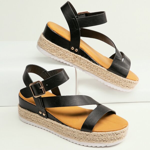 

Asymmetric Strappy Open Toe Flatform Sandals, Black