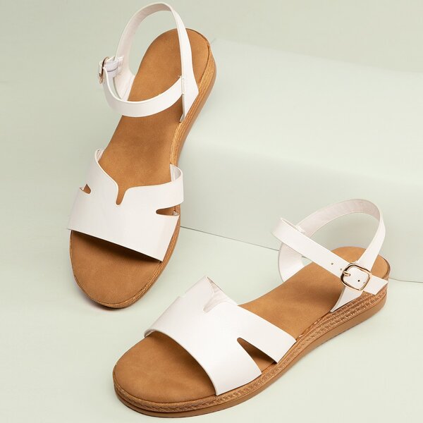 

Cut Out Band Buckled Ankle Espadrille Sandals, White