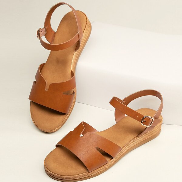 

Cut Out Band Open Toe Ankle Strap Platform Sandals, Brown