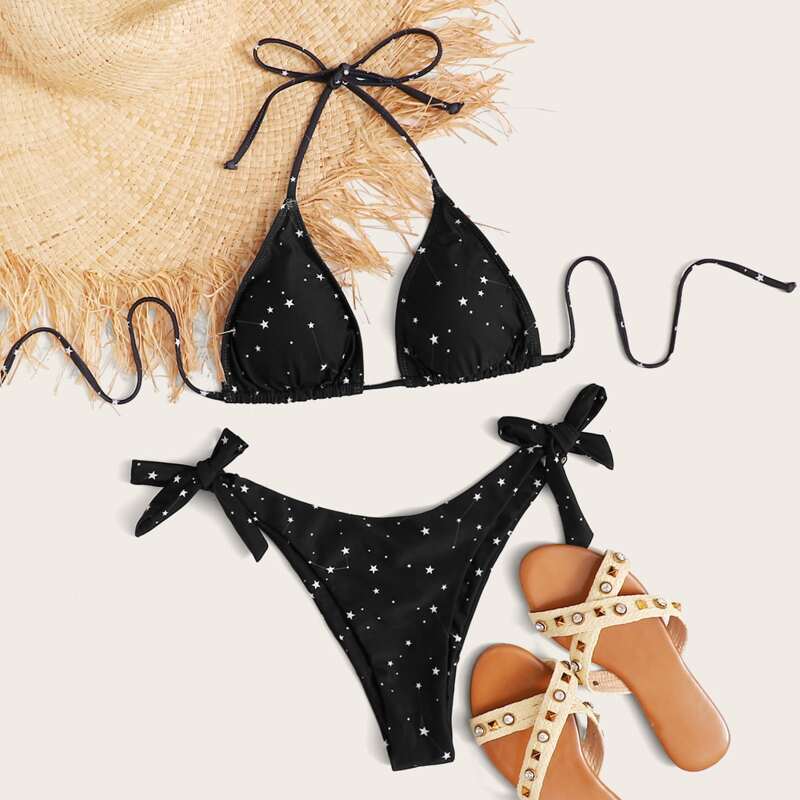 

Galaxy Print Triangle Tie Side Bikini Swimsuit, Black
